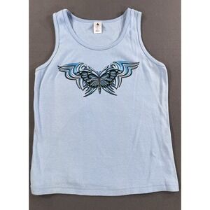 QH Blue Tribal Butterfly Sleeveless Tank Top Y2K Graphic Festival Jrs Large